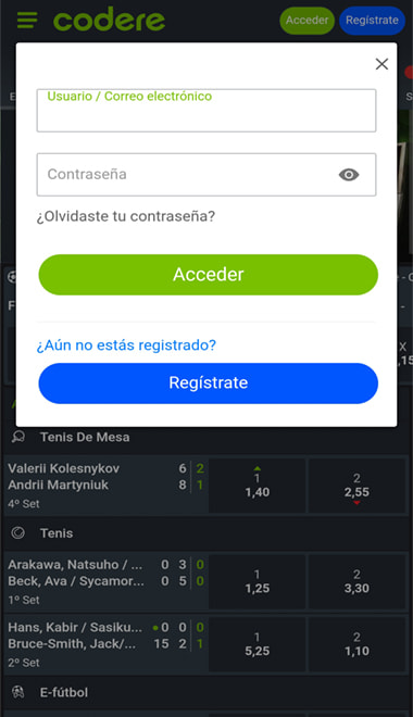 Imagen de la pantalla de registro en Codere.
