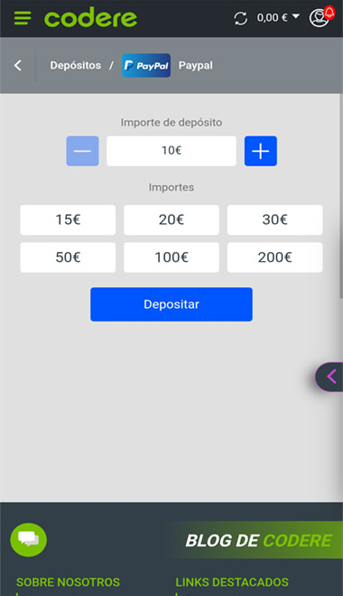 Pantalla de depósito con PayPal en la casa de apuestas de Codere