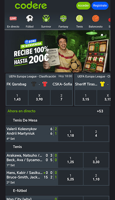 Imagen de la pantalla de inicio de la casa de apuestas Codere.