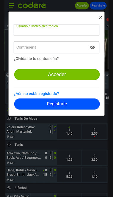 Imagen de la pantalla de registro en la casa de apuestas de Codere.