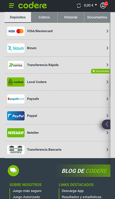 Pantalla del cajero de Codere para inciar el proces de depósito.
