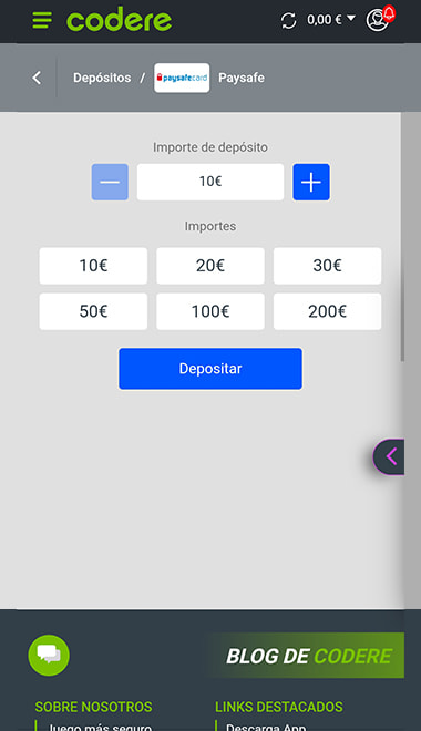 Pantalla de depósito con paysafecard en la casa de apuestas de Codere.