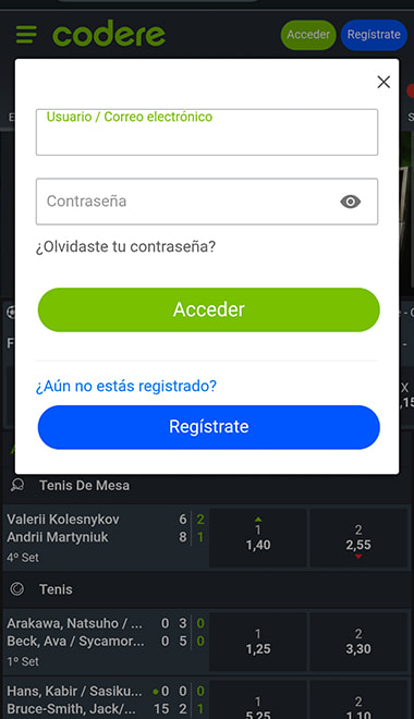 Formulario de registro en Codere para crear una cuenta nueva.