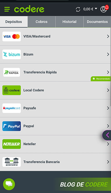 Página de métodos de pago de Codere con las opciones disponibles para depositar.