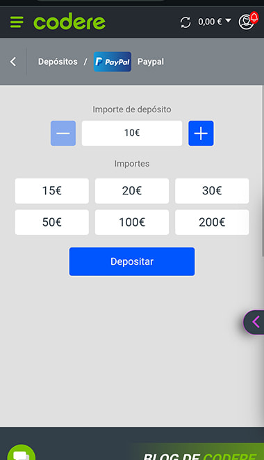 Selección de PayPal como método de pago para depositar en Codere.