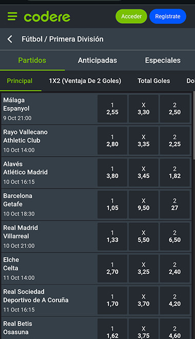 Evento de fútbol elegido en Codere con sus mercados y cuotas para apostar.