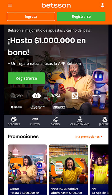 Pantalla de inicio de la casa de apuestas de Betsson en Colombia.