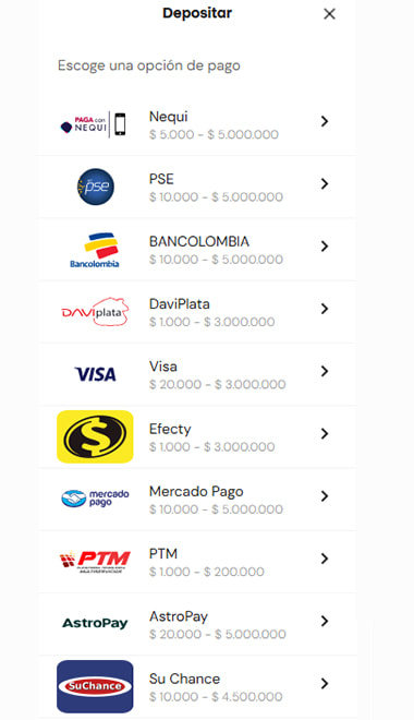 Métodos de pago disponibles para apostar en Betsson Colombia.