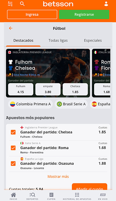Pantalla con las principales apuestas deportivas en Betsson Colombia.