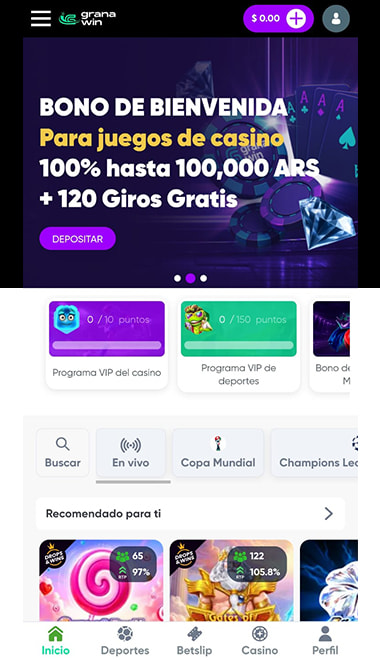 Página principal de un casino con Mercado Pago