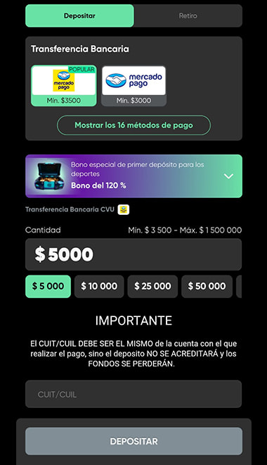 Proceso de depósito con Mercado Pago en el casino