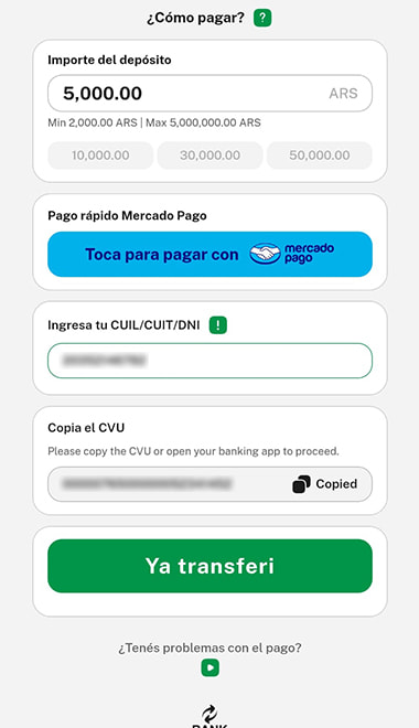 Formulario de datos para depositar con Mercado Pago en un casino