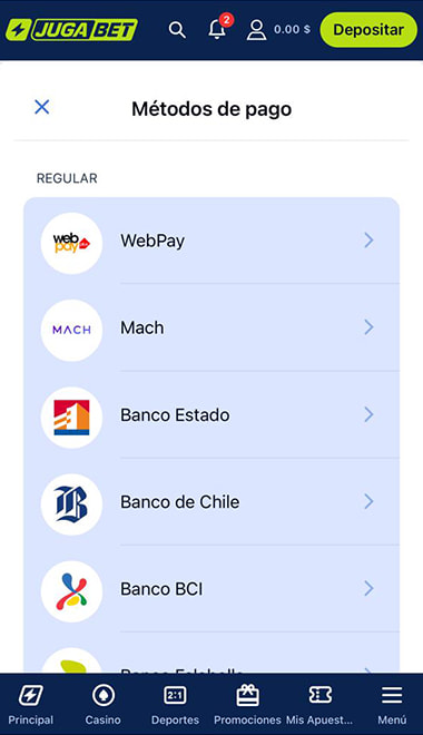 Menú de caja del casino con MACH con las opciones de depósito disponibles en Chile