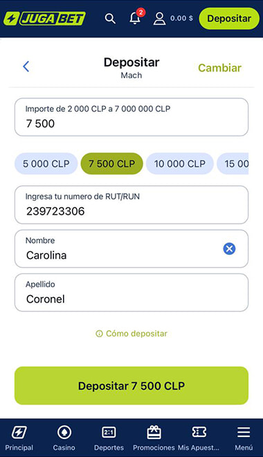 Formulario de depósito con el campo para ingresar el monto en pesos chilenos
