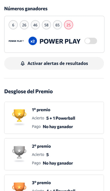 Resultados de un juego de lotería online y los premios obtenidos.