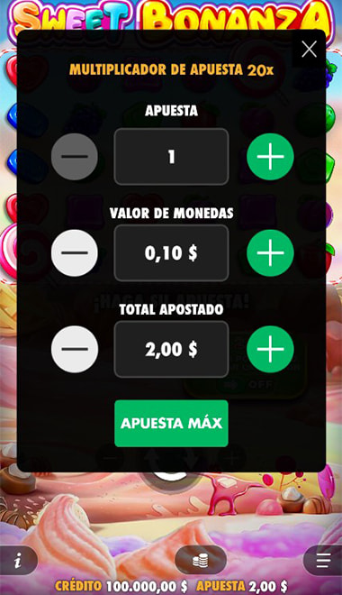 Panel de apuesta de Sugar Rush con el monto por giro seleccionado.