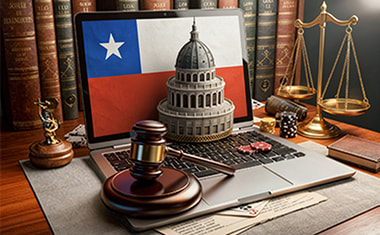 Portátil con una bandera de Chile, un mazo judicial y una balanza sobre un escritorio.