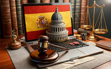 Portátil con una bandera de España, un mazo judicial y una balanza sobre un escritorio.