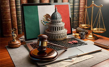 Portátil con una bandera de México, un mazo judicial y una balanza sobre un escritorio.