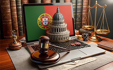 Portátil con una bandera de Portugal, un mazo judicial y una balanza sobre un escritorio.