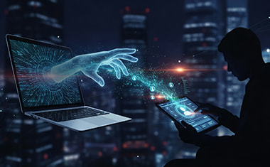 Silueta usando una tablet frente a un portátil con una mano digital extendida, simbolizando el robo de una identidad.