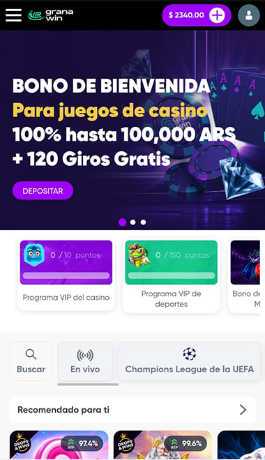 Página principal del casino Granawin en Argentina.