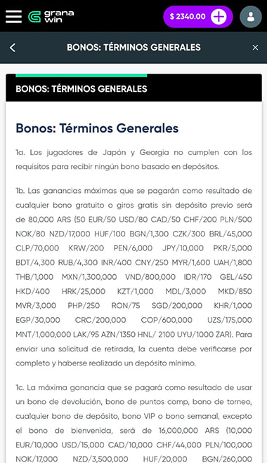 Revisión de los términos y condiciones de un bono en un casino online.