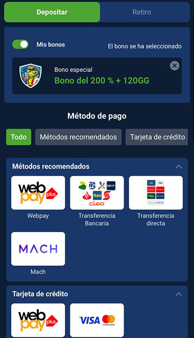 Selección de métodos de depósito disponible en un casino con crash games.