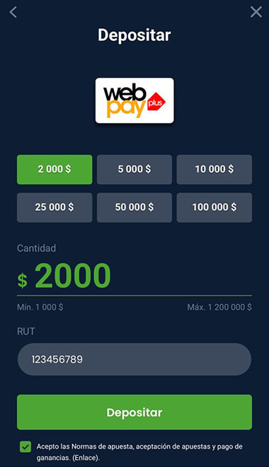 Campo de ingreso del monto de depósito para ingresar en un casino online.