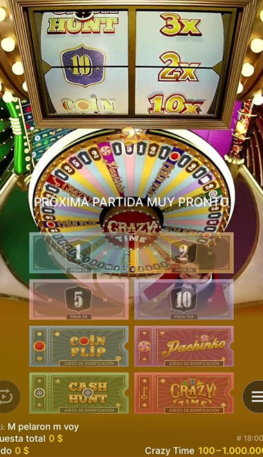 Top Slot de Crazy Time asignando los multiplicadores aleatorios y esperando un nuevo giro.