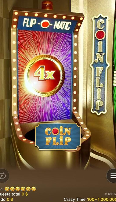 Pantalla del juego Crazy Time con el bono Coin Flip  mostrando la moneda roja/azul y sus multiplicadores.