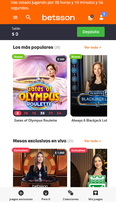 Inicio de la app de Betsson Colombia con los juegos populares y las mesas exclusivas en vivo.