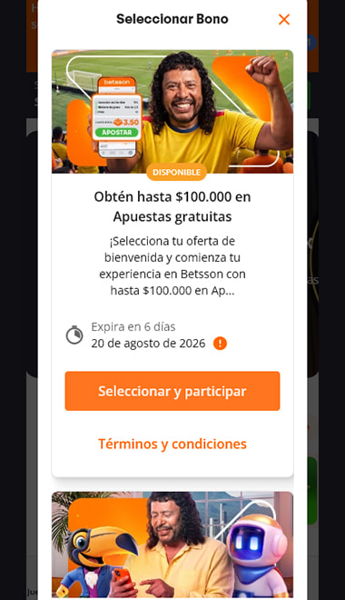 Selección del bono de bienvenida de Betsson antes de recargar con Daviplata.