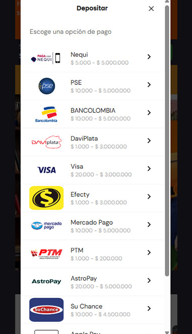 Cajero de Betsson con Daviplata en la lista de métodos, desde $1.000 hasta $3.000.000.