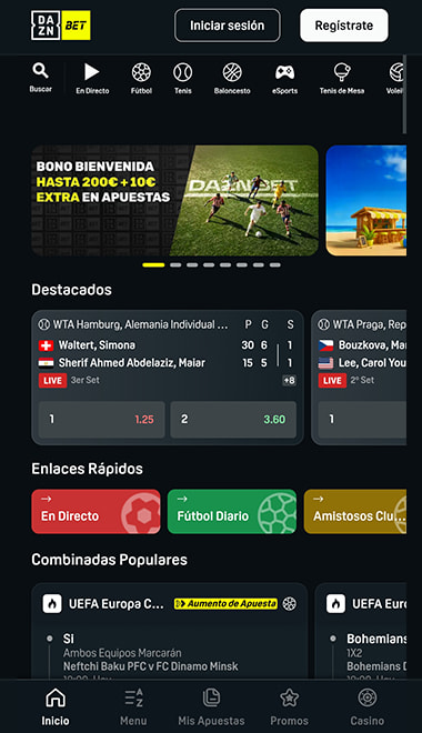 Pantalla de inicio en el móvil de la casa de apuestas de DAZN Bet.