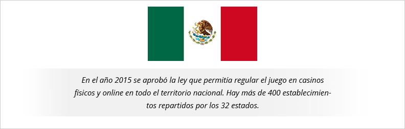 Imagen en la que aparece el siguiente texto sobre el juego permitido en el territorio mexicano: En el año 2015 se aprobó la ley que permitía regular el juego en casinos físicos y online en todo el territorio nacional. Hay más de 400 establecimientos repartidos por los 32 estados.