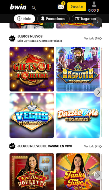 Lobby de bwin Colombia con los juegos nuevos de casino y de casino en vivo.