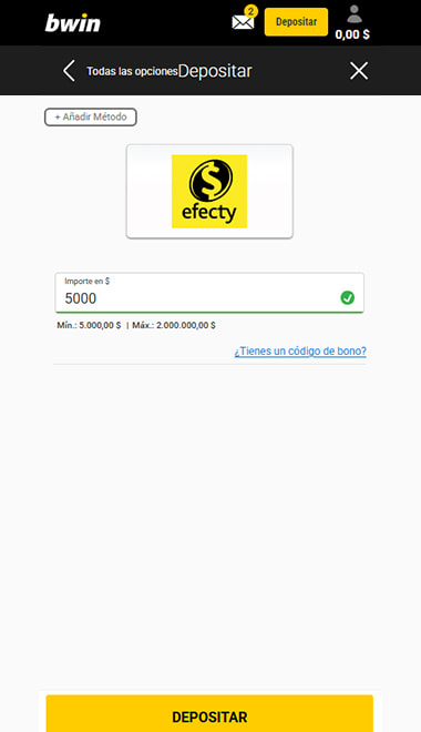 Pantalla de depósito de bwin con Efecty elegido, importe de $5.000 y tope de $2.000.000.