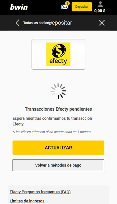 Aviso de transacción Efecty pendiente mientras bwin confirma el pago en efectivo.