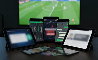 Varios móviles y tablets con pantallas de apuestas frente a un televisor.