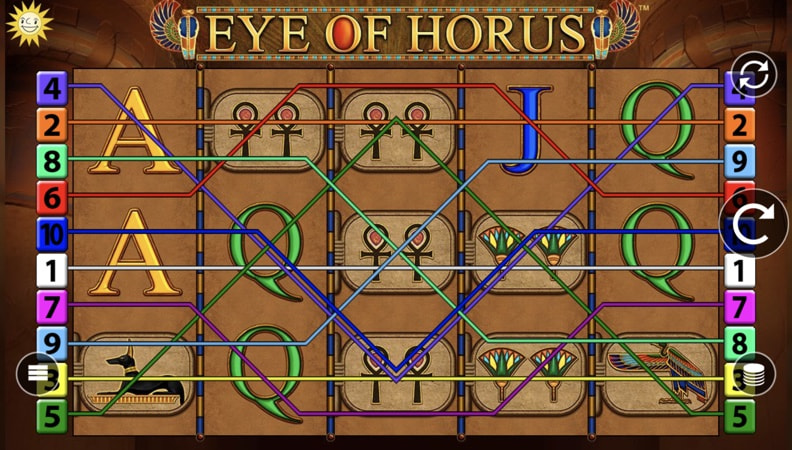 Tablero de la slot Eye of Horus de Merkur al jugar en un casino online.