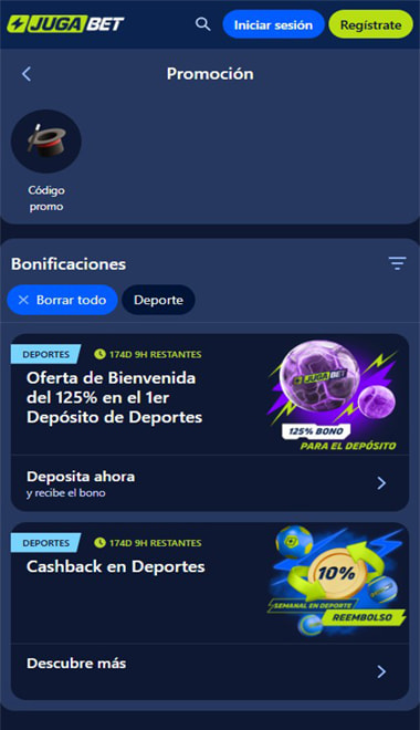 Sección de bonos y promociones de una casa de apuestas.