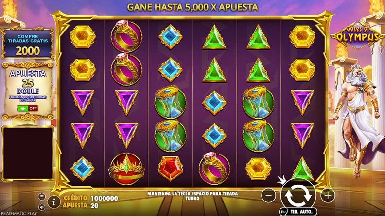 Tablero de la slot Gates of Olympus al jugar en un casino online.