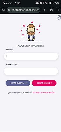 Formulario de acceso a la cuenta de Gran Madrid Online.