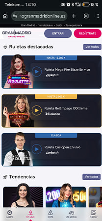Sección de ruletas en vivo destacadas de Gran Madrid Online.