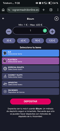 Pantalla de depósito mediante Bizum con selección de bono.