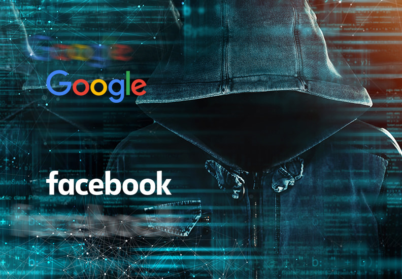 Casos de spoofing con los logos de Facebook y Google y un perpetrador en el fondo.