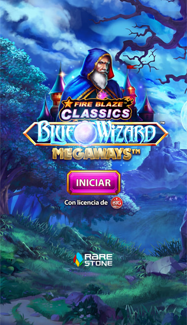 Pantalla de inicio del juego de Fire Blaze Blue Wizard Megaways.