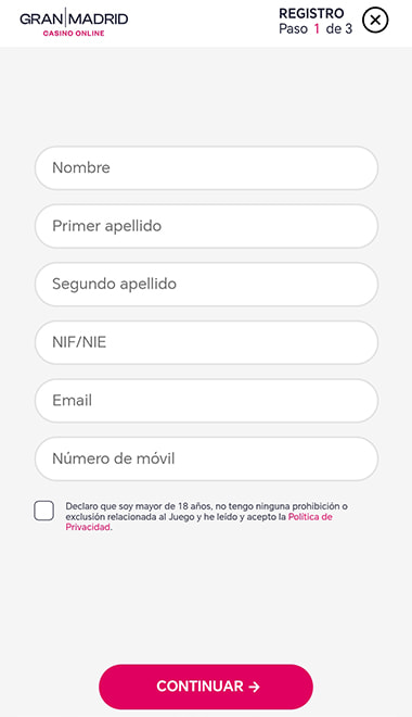 Pantalla de registro en Gran Madrid Casino Online.