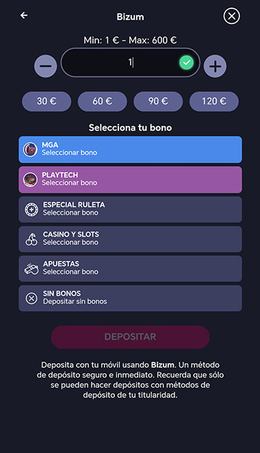 Pantalla para depositar en el casino.